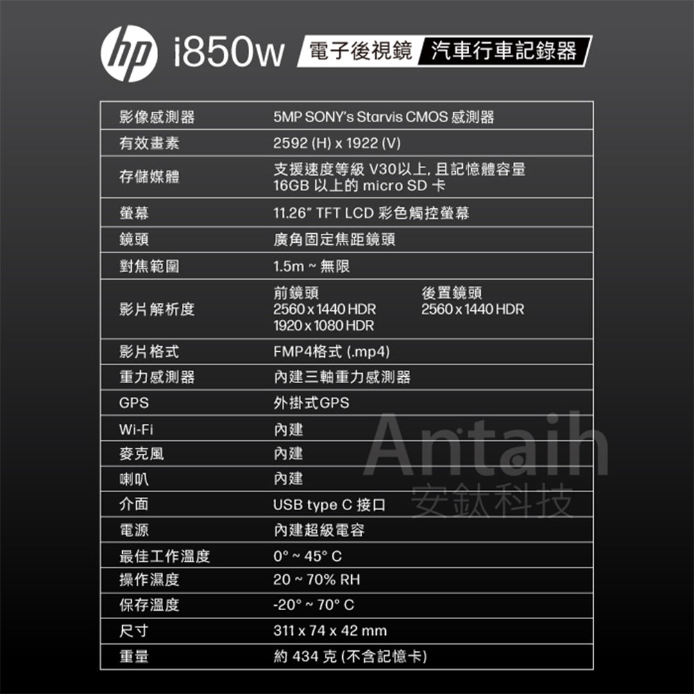 HP惠普 i850w【贈128G+雙好禮】電子後視鏡 行車記錄器