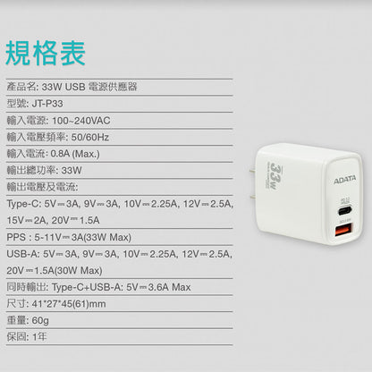 【雙11限量下殺】ADATA 威剛 33W 超高速雙孔快充