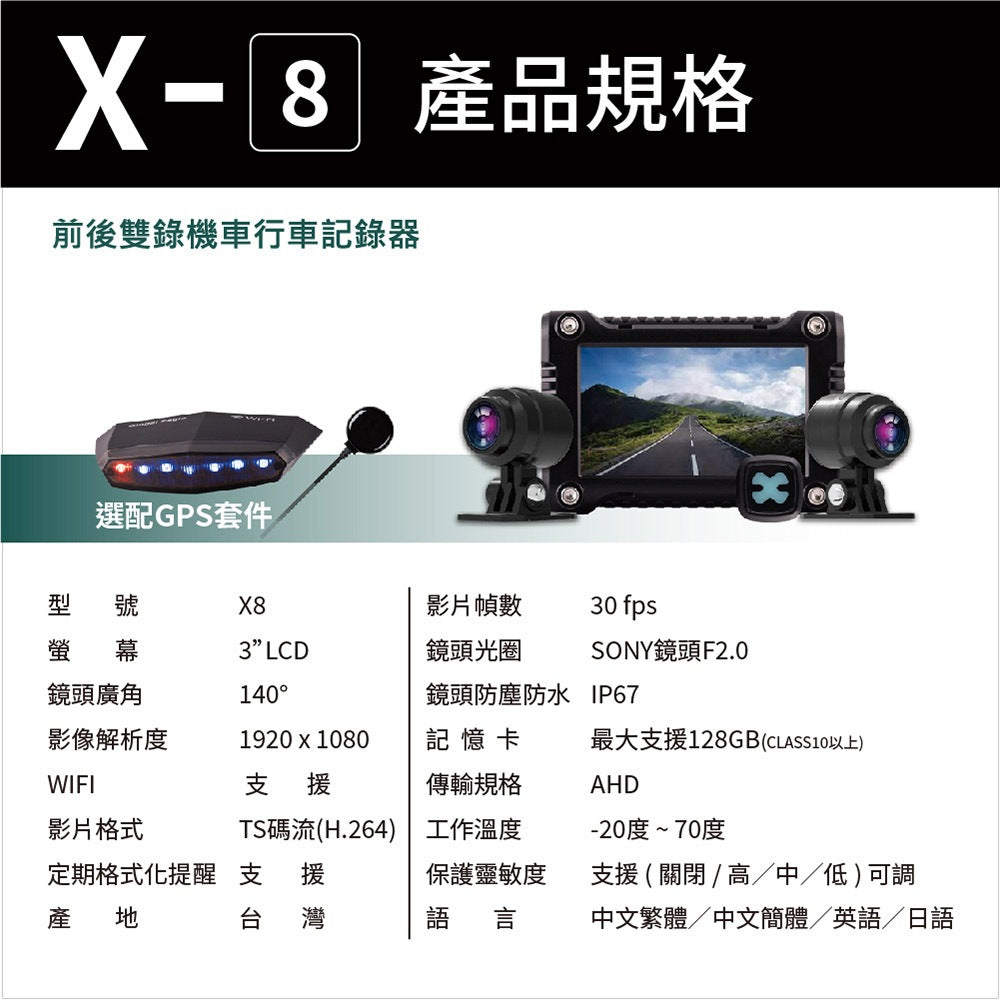 全球鷹 Global Eagle X8【贈64G記憶卡】雙鏡頭機車行車記錄器