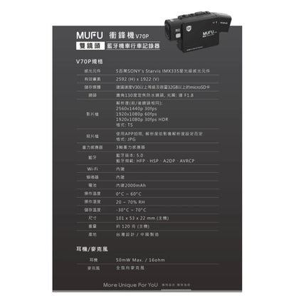 MUFU V70P 衝鋒機【限時特賣$4390】雙鏡頭機車行車記錄器