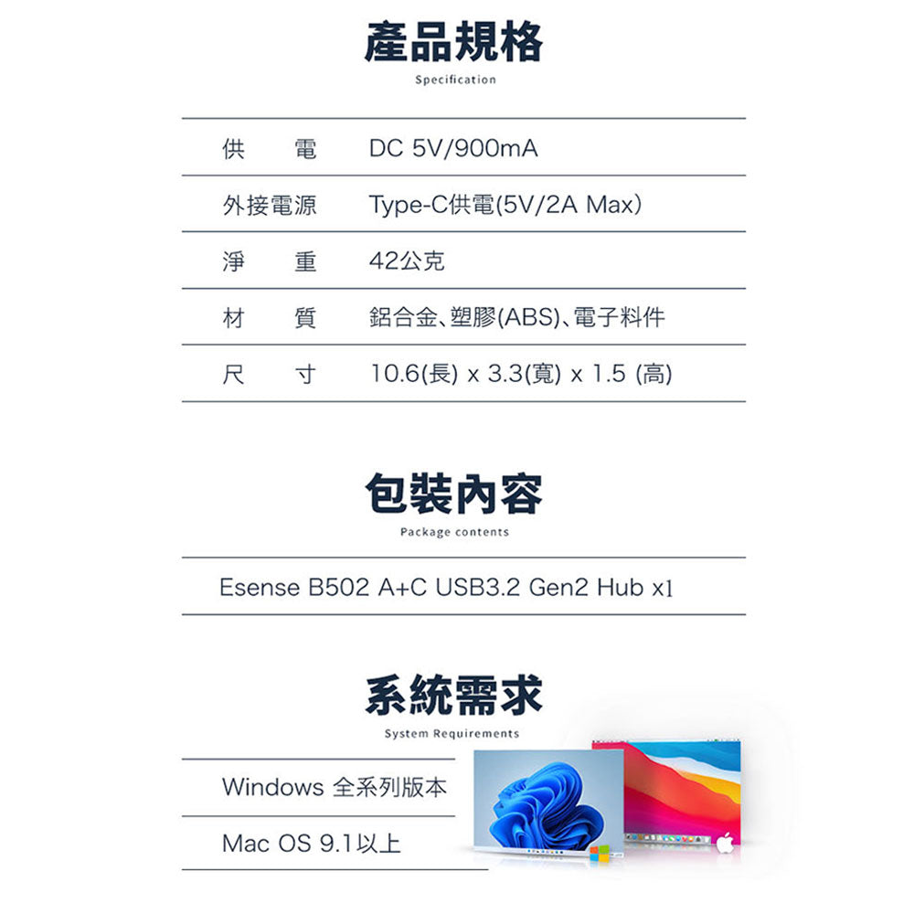 逸盛 eSENSE B502 A+C USB3.2 Gen2 Hub