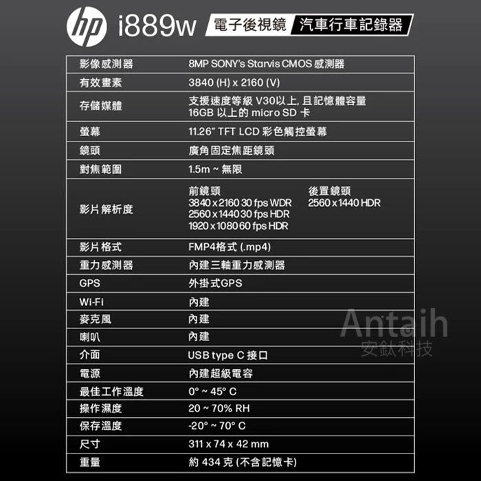 HP惠普i889w【贈128G+2好禮】前4K後2K HDR 11吋電子後視鏡 行車記錄器